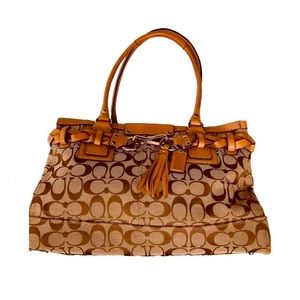 Large Coach Handbag Hampton Signature Crossbody Shoulder Bag Braided Belt Brown